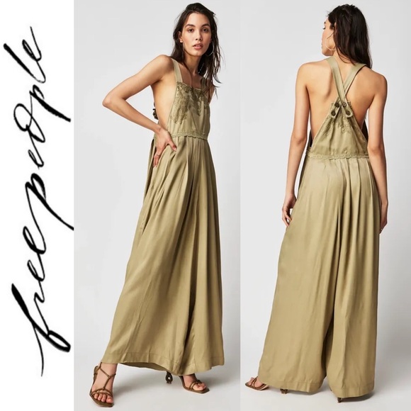 Free People x Brenda Knight Lace Pleated Decorated Wide Leg Overalls Jumpsuit M - Picture 2 of 16